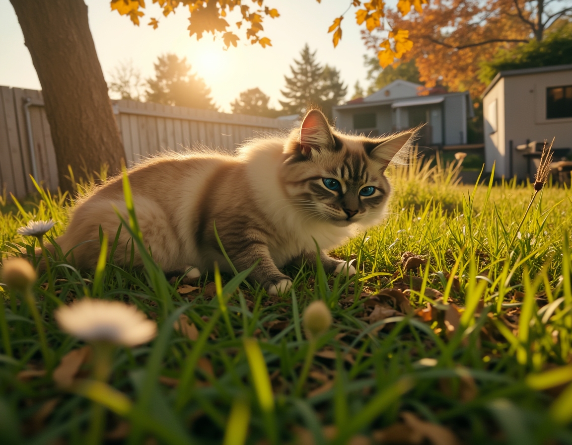 Cat crouches in tall grass, its sharp gaze fixed on a small insect nearby. The warm golden light of sunset and a wooden garden fence frame the scene.
